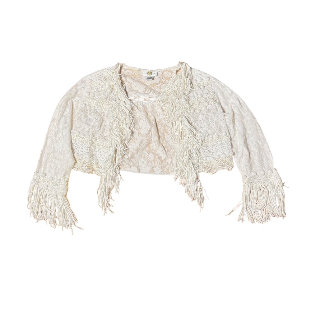Sandy Starkman White Cotton Lace Fringe Cropped Cardigan